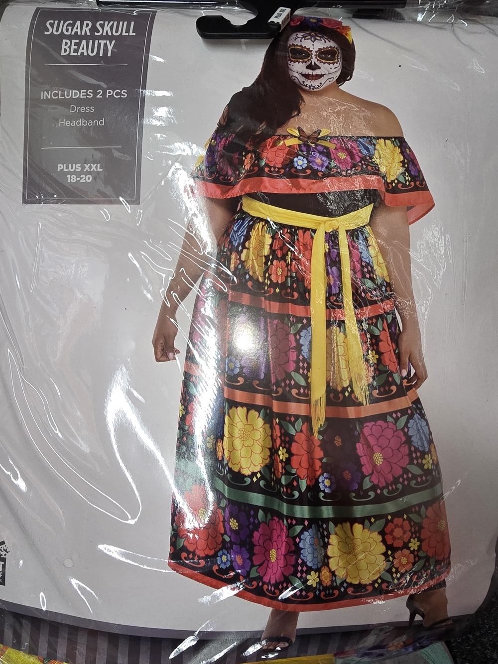 Sugar Skull Beauty Plus Floral Off-Shoulder Dress with Yellow Sash Costume